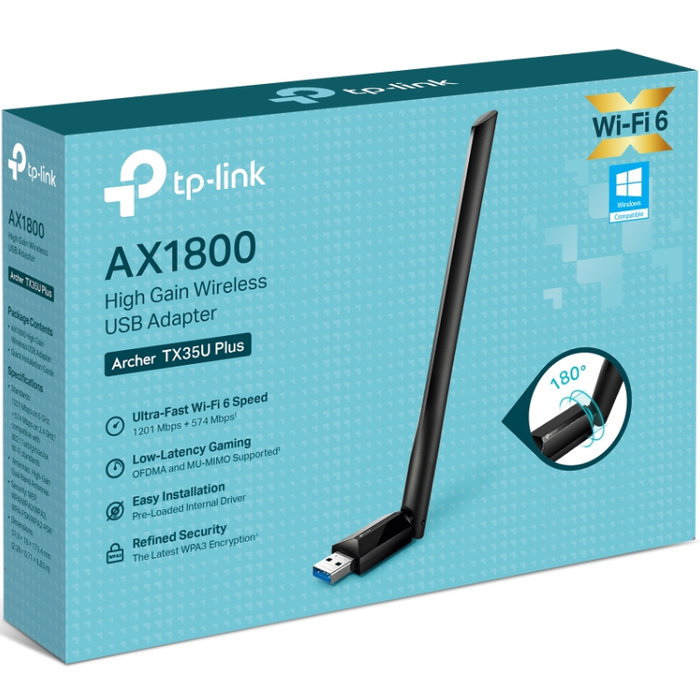 TP-Link Archer TX35U Plus AX1800 Wi-Fi 6 Adaptador USB de Alta Ganancia, Negro